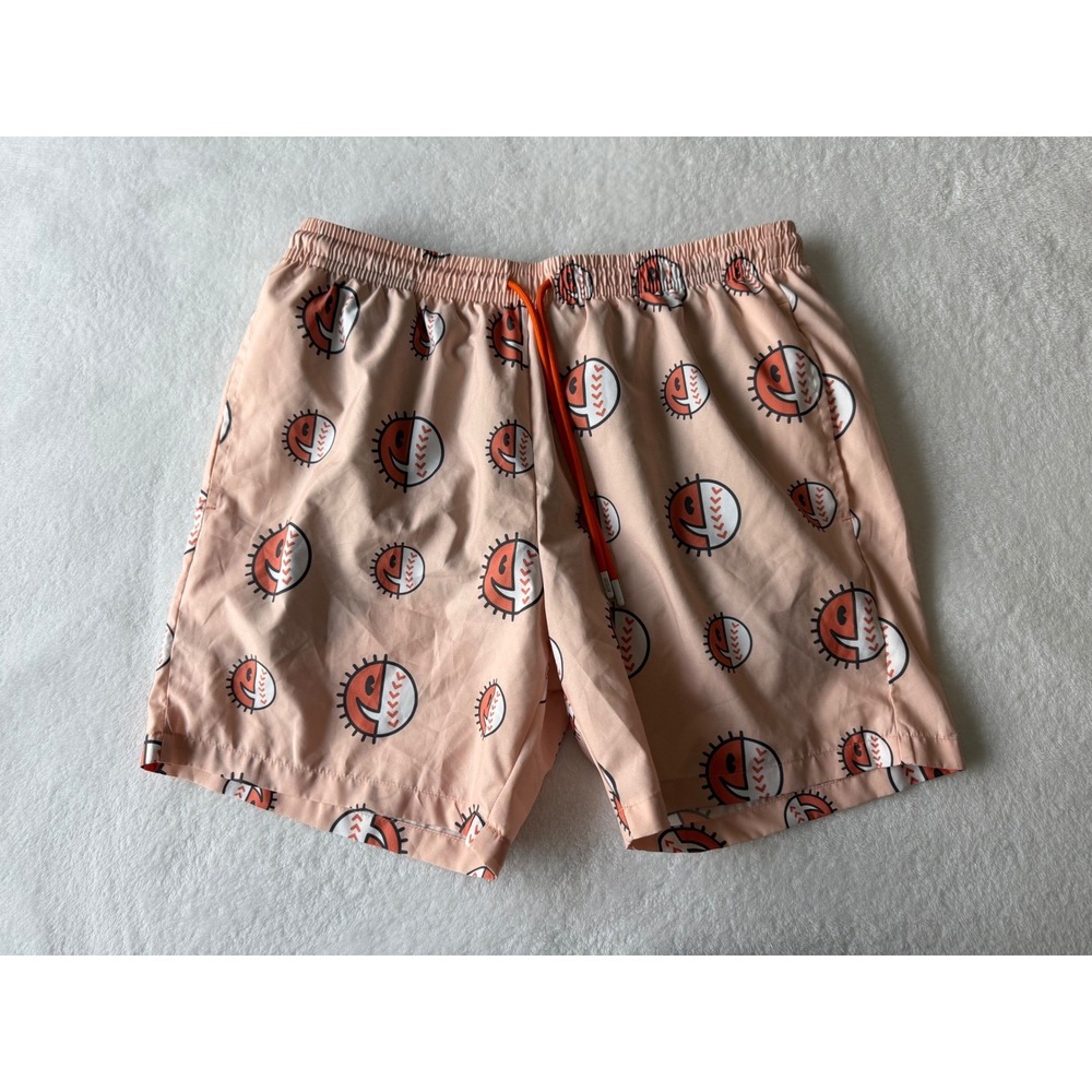 Baseballism Mens Peach Baseball Sun Print Swim Trunks Mesh Lined Shorts Medium